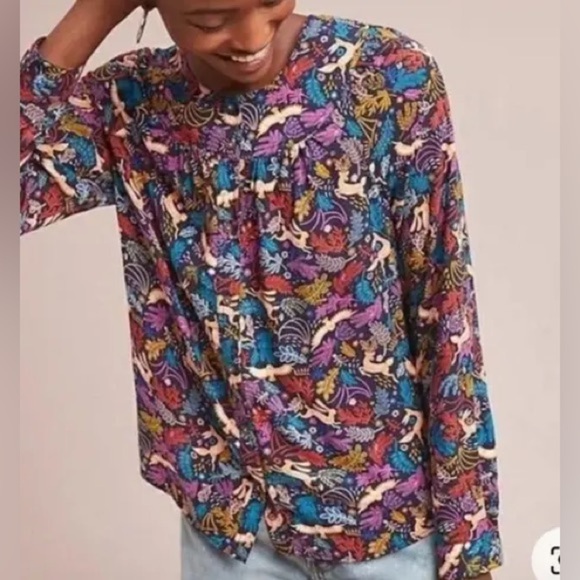 Anthropologie 25 Of 52 Conversations Forest Friends Blouse, size 12 - Picture 1 of 11